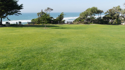 海滨草坪绿色草地和海洋观从上方向外看开来视频