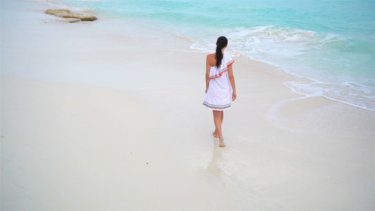 热带海滨的年轻美丽的女人年轻女孩在美丽的礼服背景大海视频