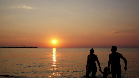 海滩上年轻家庭在色彩多彩的日落下视频