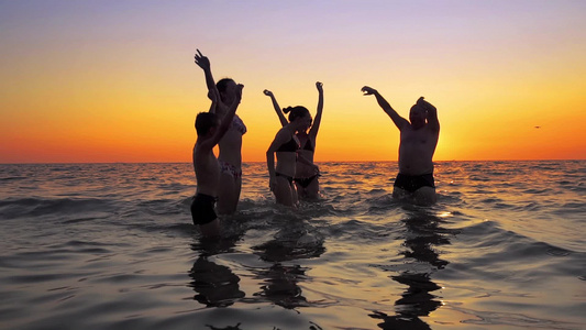 在海滩日落时跳舞和喷洒的青年欢乐派对视频