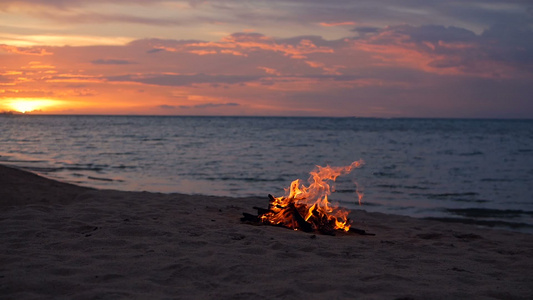 在沙滩上点燃营火夏天晚上大自然作为背景的营火日落时视频