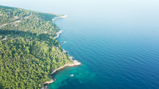 美丽的陡峭岩石海岸线与松绿海海水的空中飞行镜头视频