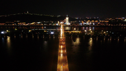 湖南长沙橘子洲大桥夜景航拍视频