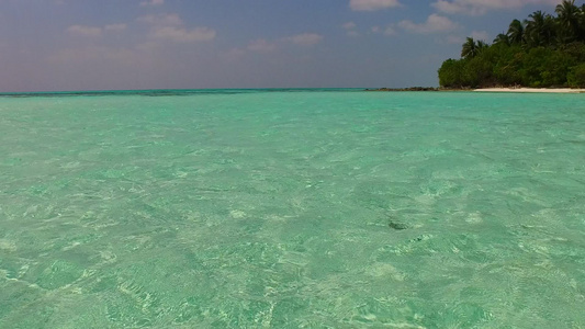 棕榈附近蓝色环礁湖和白色沙滩背景的放松海湾海滩野生视频