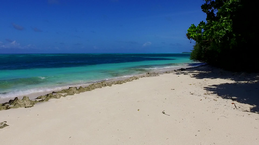 阳光明媚的天空完美的海岸海滩由海平面蓝海和棕榈附近视频
