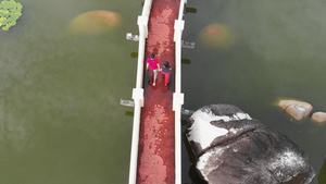 一个男人和一个女孩在公园走过水池对面的桥上22秒视频