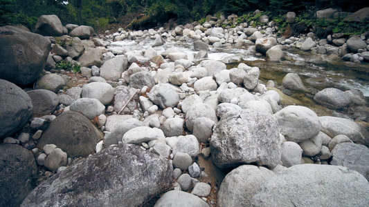 秋林沿山河流的秋天森林中缓慢移动的大型弯曲石块和岩石视频