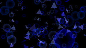 黑色屏幕背景上的黑蓝色彩多尺寸和三角形飞行动作的模糊20秒视频