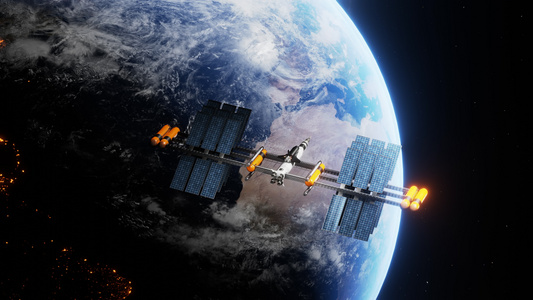 现代科学和教育国际卫星在地球行星上空飞行视频