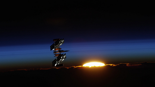 日落时在空间漂浮的国际宇宙飞船视频