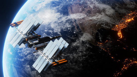 利用高科技从卫星上飞来从地球和太空船的视野视频
