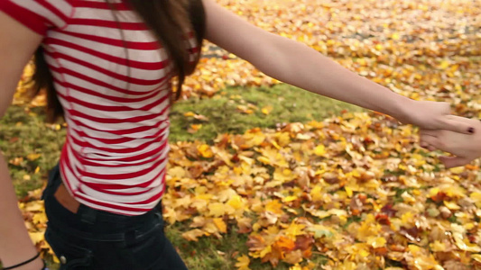 两个少女手牵手走过秋叶视频