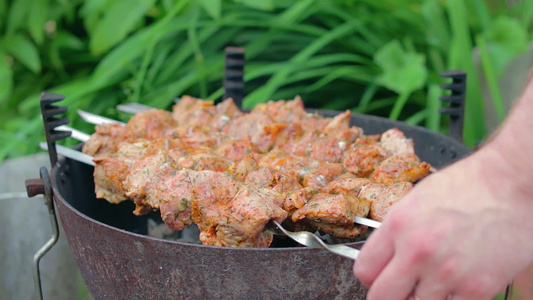 在烤架上烹饪的美味烤肉串视频