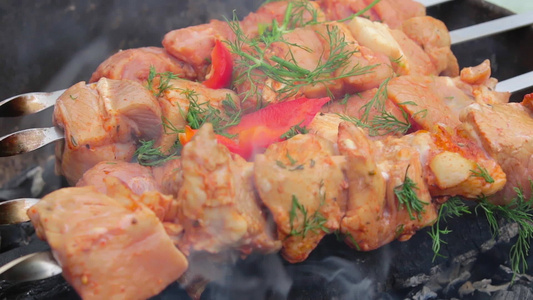 在烤架上烹饪烤肉串视频