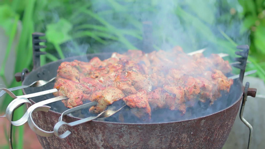 在烤架上烹饪的美味烤肉串视频