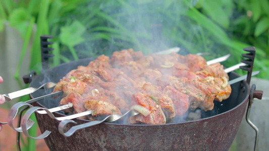 在烤架上烹饪的美味烤肉串视频