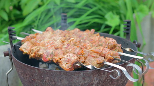 在烤架上烹饪的美味烤肉串视频