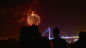 夜间城市天空背景的彩色烟花24秒视频