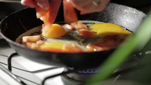 在锅里煎鸡蛋加番茄片12秒视频