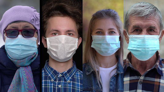 一群佩戴面罩的人在预防Corona病毒共19人时戴视频