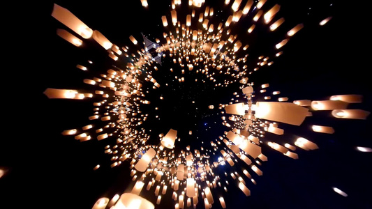 许多空中灯笼漂浮在夜空和反射效果左倾上视频