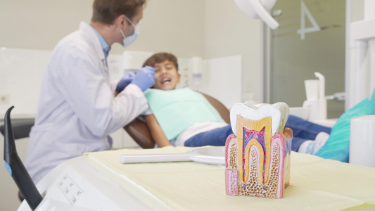 由牙医检查牙牙牙的年轻男孩有选择性地将重点放在牙齿视频