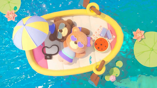 c4d立体夏季小熊划船避暑动画场景视频