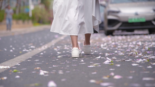 4K少女漫步在飘满花瓣的道路上脚部特写视频