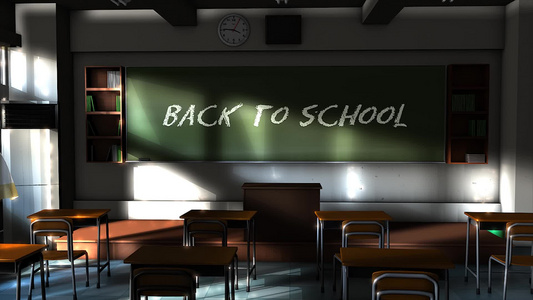 3d动画黑板上有回校写字文字的空教室视频