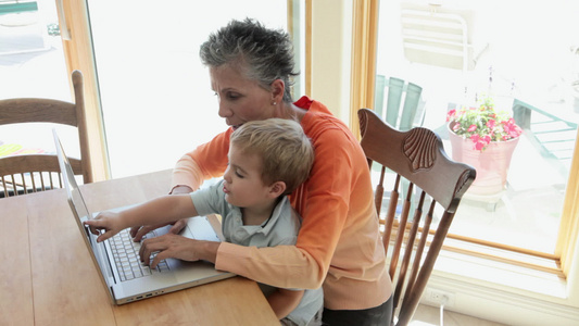 祖母和孙子使用笔记本电脑视频