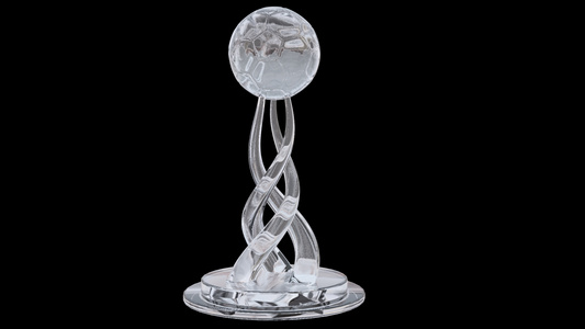 足球赛事玻璃质感足球奖杯旋转展示循环动画视频