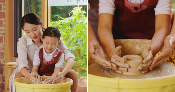 年轻陶艺女教师手把手教小女孩做陶罐视频