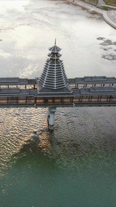 侗族特色建筑风雨桥鼓楼竖屏航拍视频