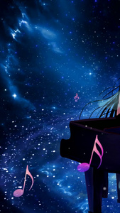 唯美星空钢琴弹奏舞台背景视频星空粒子视频