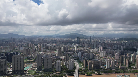 航拍浙江温州城市天际线蓝天白云视频