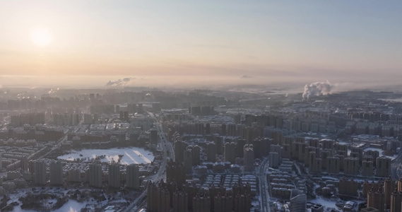 航拍黑龙江哈尔滨日出雪景风光视频