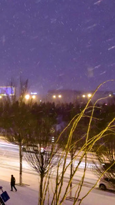 实拍北方城市风雪交加的夜晚街道上缓慢的车流行人2组镜头视频