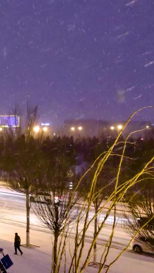 实拍北方城市风雪交加的夜晚街道上缓慢的车流行人2组镜头32秒视频