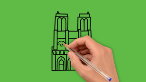 绘画寺庙建筑艺术在绿色背景上结合白色和黑色组合10秒视频