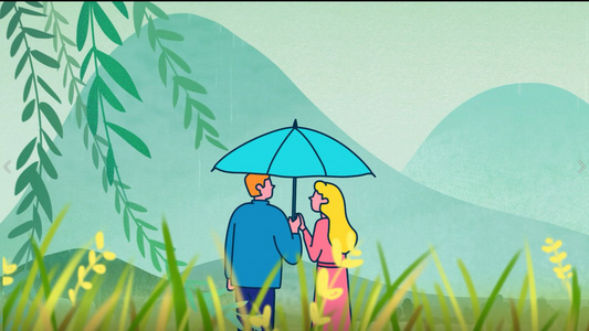雨天河边情侣清新卡通背景视频