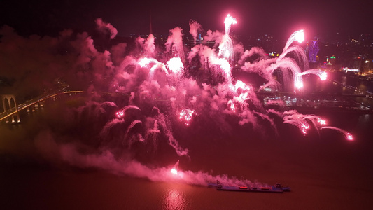 4k澳门夜景烟花灯光秀航拍视频