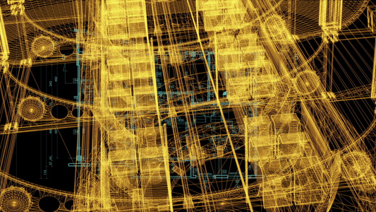 3d工业建筑和蓝图的电线框架模型视频