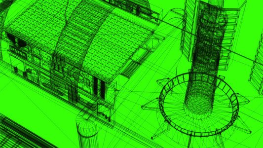 3d 绿色屏幕工业建筑的电线框架模型视频