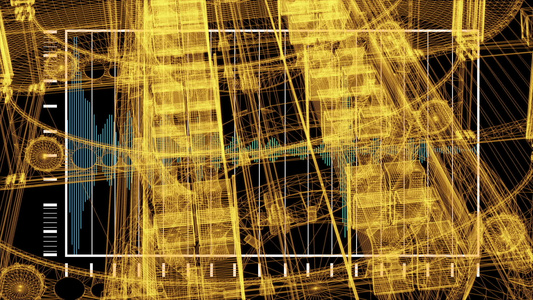 3d工业建筑和全息图风格的元件的铁丝框架模型视频