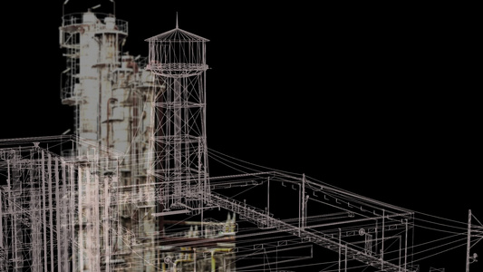 3d工业建筑的电线框架模型视频