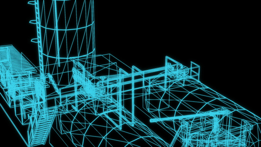 3d全息工业建筑的电线框架模型视频