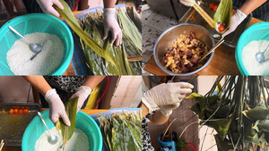 合集传统节日端午节美食小吃荷叶粽子制作过程60秒视频