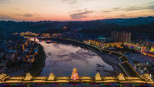 4K 航拍 湖南 怀化 新晃 晃州风雨桥 夜景 延时摄影视频