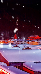 新年雪乡夜景烟花背景视频中国年视频