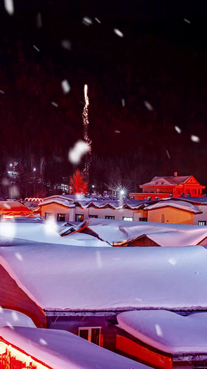 新年雪乡夜景烟花背景视频中国年50秒视频